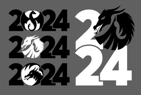Set of logos 2024 with dragons. Icon with the symbol of the year. Simple, modern, black and white illustration. Chinese New Year.のイラスト素材
