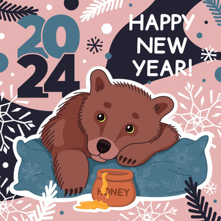 Happy New Year 2024 card with a cute bear and winter elements. Vector flat illustration in trendy colors.のイラスト素材