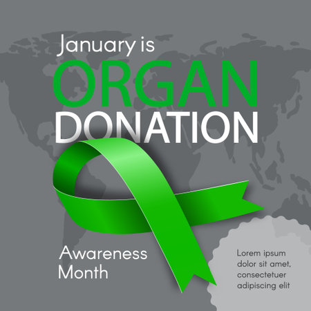 Banner for Organ Donation Awareness Month with a map and a green ribbon. Modern flat vector illustrationのイラスト素材