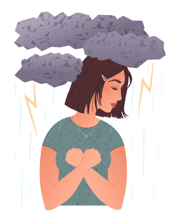 A young woman crossed her hands into fists on her chest. Clouds hang over it, it rains and lightning flashes. Concept of stress, fear, loneliness. Hand-drawn modern flat illustration.のイラスト素材