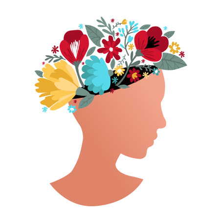 Flowers grow from a woman's head. Hand-drawn modern flat illustration.のイラスト素材