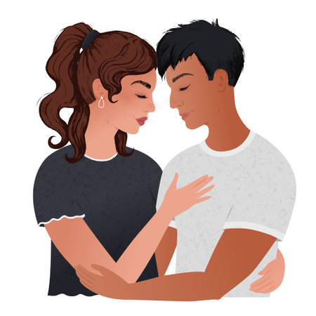 A girl and a guy in an embrace. Showing tenderness and love. Beautiful romantic hand-drawn vector illustration.のイラスト素材