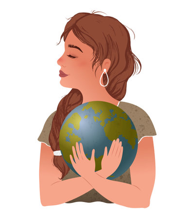 Girl hugs the planet Earth. Environmental problems. Earth Day. International Mother Earth Day. Vector modern flat illustrationのイラスト素材