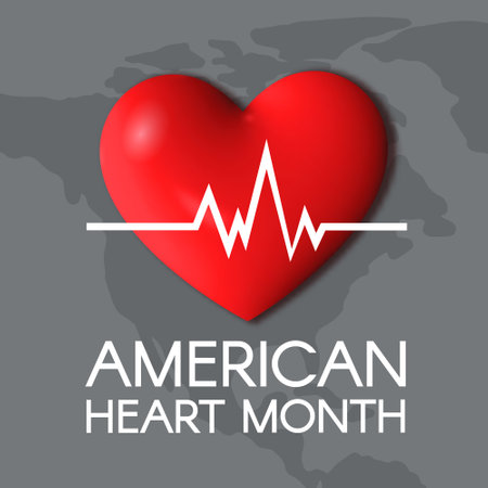 American Heart Month square banner. Heartbeat line on the heart. Vector 3D illustrationのイラスト素材