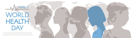 World Health Day. Horizontal banner with Diverse people and map, with space for text. Vector flat illustrationのイラスト素材