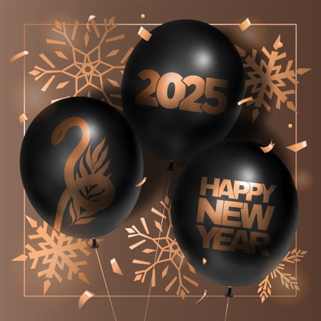 Happy New Year 2025 square poster with balloons, snowflakes, and congratulatory text in gold and black colors. Vector 3D illustration.のイラスト素材