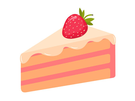 Strawberry cake slice with cream topping. Cute and colorful dessert illustration. Perfect for bakery, menu, or sweet food design.のイラスト素材