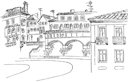 Sketch of lisbon street view with trees and housesのイラスト素材