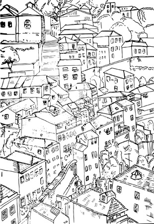 Hand drawn old house on the street. Black and white vector sketch of old Porto, street view. Isolated illustrationのイラスト素材