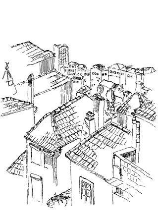 Black and white vector sketch of old Porto, street view. Tile roofs. Isolated illustrationのイラスト素材