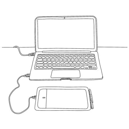 Line art sketch of laptop with pen tablets isolated illustrationのイラスト素材