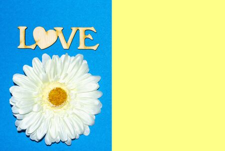 word love and big daisy flower, greeting card with place for an inscriptionの写真素材