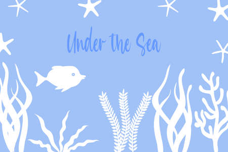 Hand drawn abstract cartoon summer time graphic illustration background template with ocean bottom, algae and starfishのイラスト素材