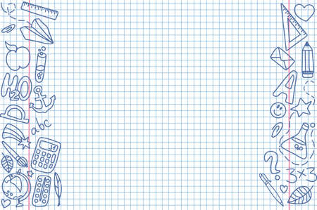 Doodle. Hand-drawn school supplies on a white background. Frame. Back to school. Vector illustrationのイラスト素材