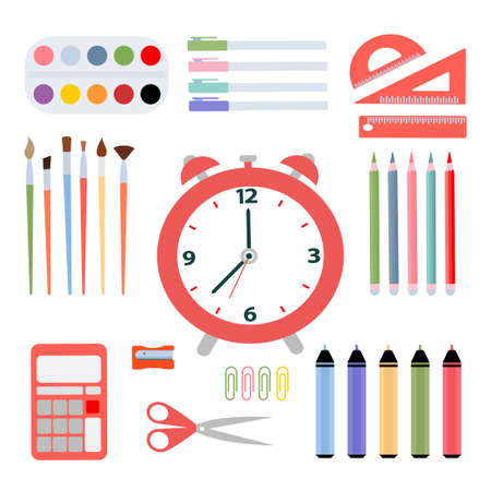 Educational materials for school - pencils, pens, markers, rulers, calculator, alarm clock, scissors.のイラスト素材