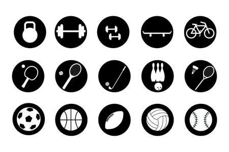 Set of sports round icons. Collection of 20 vector symbols in circles. Sports equipment.のイラスト素材