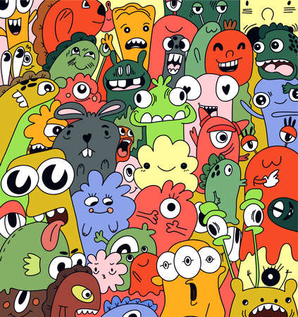 Kawaii draws smiling monsters for children's drawings, coloring books, books, t-shirts, clothes, textilesのイラスト素材