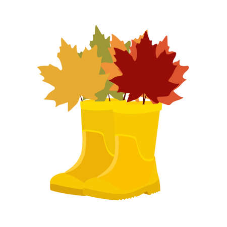 Yellow high clean rubber boots with maple leaves. Gardening, autumn. flat styleのイラスト素材