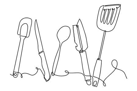 Cutlery background sketch. Single line drawing of isolated kitchen utensils. Culinary design poster. vector illustrationのイラスト素材