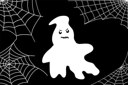 Spider web set isolated on dark background. Creepy Halloween web. Halloween white ghost party element vector illustration. Ghost vector with a scary faceのイラスト素材