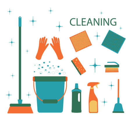 A set of cleaning equipment bucket, gloves, brush, sponge, napkins, spray gun, Vector illustration on white backgroundのイラスト素材