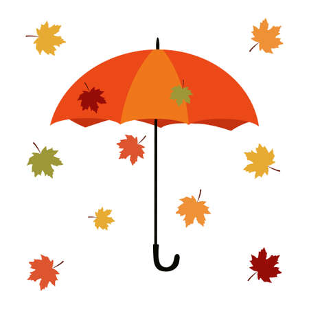 Umbrella and falling colorful autumn maple leaves. Vector illustration isolated on white background.のイラスト素材