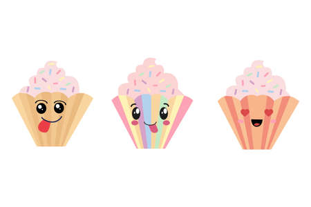 Set of delicious cupcakes in kawaii style. Dessert vector illustration designのイラスト素材