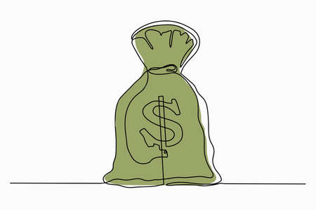 one line drawing. Money bag vector icon, sack of money flat mono line cartoon illustration with dollar sign isolated on white background.のイラスト素材