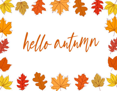 Hello Autumn. Set of autumn leaves and inscription hello autumn. Vector illustration isolated on...
