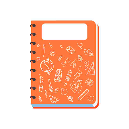 Orange notebook with rings and doodle drawings. notebook. Vector illustration isolated on white background.のイラスト素材