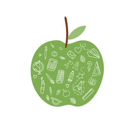 School design with green apple and learning materials. Doodle. vector illustration.のイラスト素材