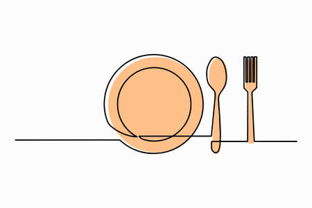 Continuous line drawing of clean plate, spoon, fork. One line art concept for restaurant and cafe. vector illustrationのイラスト素材