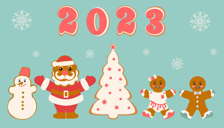 Festive cookies in the shape of a snowman, Santa, Christmas tree and gingerbread men. Merry...