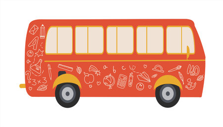 Vector design of a flat bus with doodle drawings. Hand-drawn school supplies on the bus. back to schoolのイラスト素材