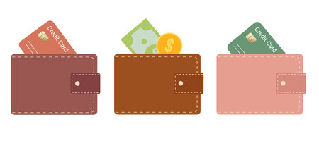 Set of multicolored wallet icons. leather wallet. isolated on white background. Vector illustration in a flat styleのイラスト素材