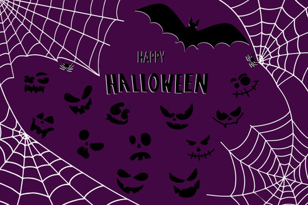 Bat, net and pumpkins. Halloween background with bat and hand drawn pumpkins. Black and white background.のイラスト素材