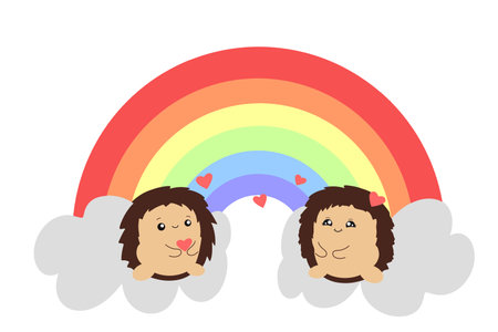 Colorful rainbow with clouds and hedgehogs in the style of kawaii. Rainbow vector illustration on a white background.のイラスト素材