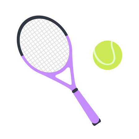 Tennis racket and a ball. Tennis and ball icon in fashionable flat style, highlighted on a white background. A sports symbol for your web design, logo, user interface. Vector illustration.のイラスト素材