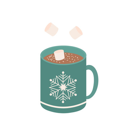 Hot chocolate with marshmallows. A cup with an ornament in the form of a snowflake. Vector illustration isolated on a white backgroundのイラスト素材