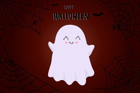 Flying ghost ghost Boo. Happy Halloween. The white ghost. Flat design. Vector illustration.のイラスト素材