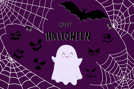 Flying ghost ghost Boo. Happy Halloween. The white ghost. Flat design. Vector illustration.のイラスト素材