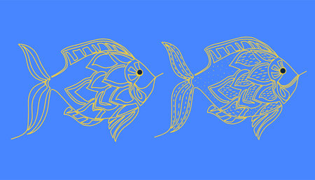 Hand-drawn vector doodles.A set of two decorative fish drawn with a line.のイラスト素材