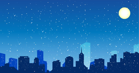 Night cityscape Christmas background with falling snow, and lights. The city in the winter during the night.のイラスト素材
