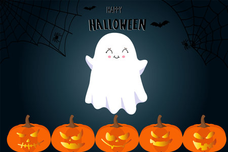 Flying ghost ghost Boo. Happy Halloween. The white ghost. Flat design. Vector illustration.のイラスト素材