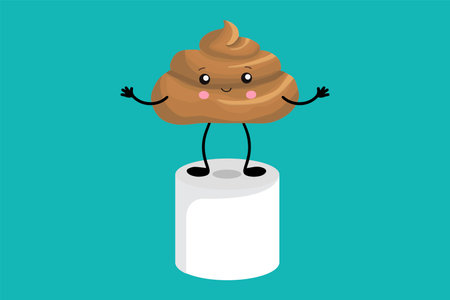 Illustration of brown poop on toilet paper in the style of kawaii. The funny art of excrement.のイラスト素材