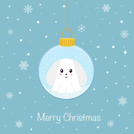 A Christmas tree ball with a cute rabbit. The decoration of the Christmas tree is highlighted on a white background. A symbol of a happy New Year, celebration of Christmas holidays, winter. Flat design. Vector illustrationのイラスト素材