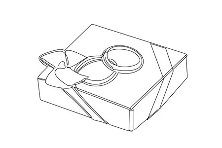 Wedding rings on a gift box with a bow. Continuous drawing in one lineのイラスト素材