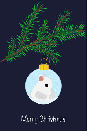 Beautiful Christmas card. A Christmas tree toy with a rabbit, the symbol of 2023, hangs on a branchのイラスト素材