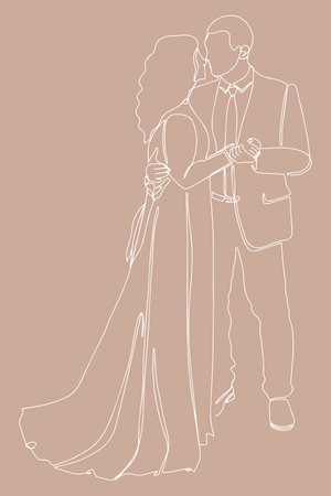 Continuous line drawing of Couples who love each other get married. Newlyweds holding hands, hugging. Element for wedding invitations isolated on white background. Happy wedding cards. Newlyweds Bride and groomのイラスト素材