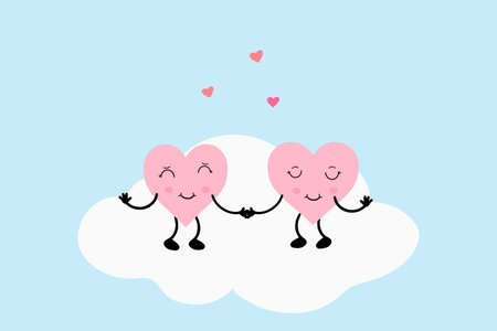 Two cute hearts in kawaii style. Hand drawn cartoon characters.Love concept. vector illustration.のイラスト素材